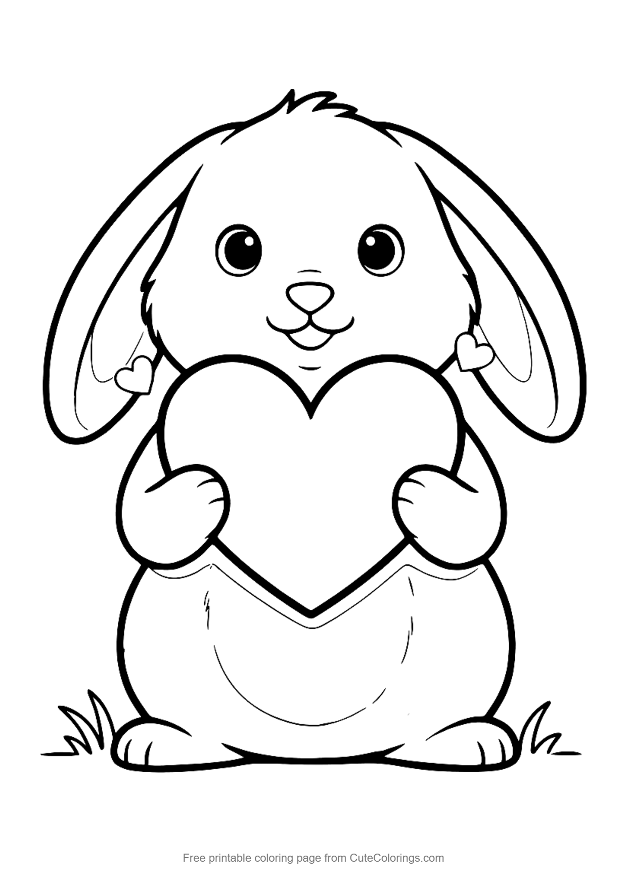 Easy coloring page of a lop-eared bunny holding a big heart