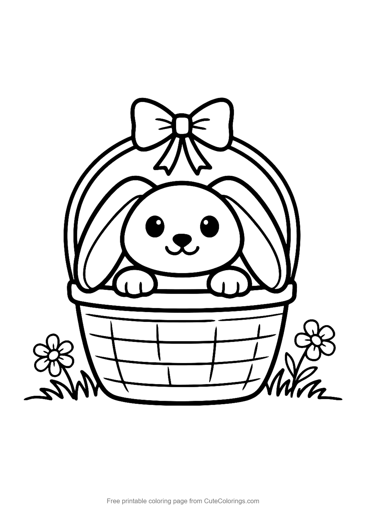 Easy coloring page of a bunny peeking out of a woven picnic basket with a bow