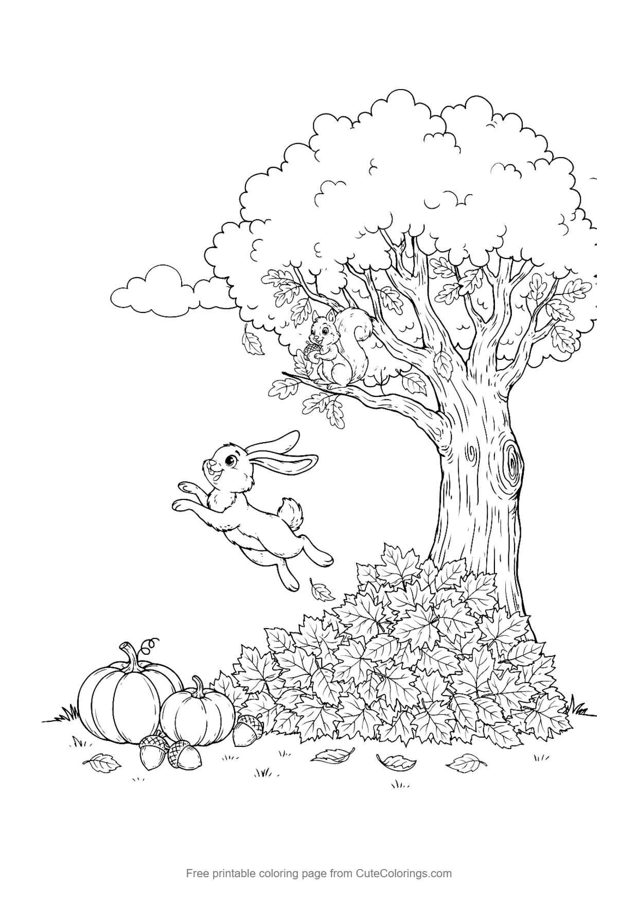 Coloring page for kids of a bunny jumping into a pile of autumn leaves under an oak tree with pumpkins