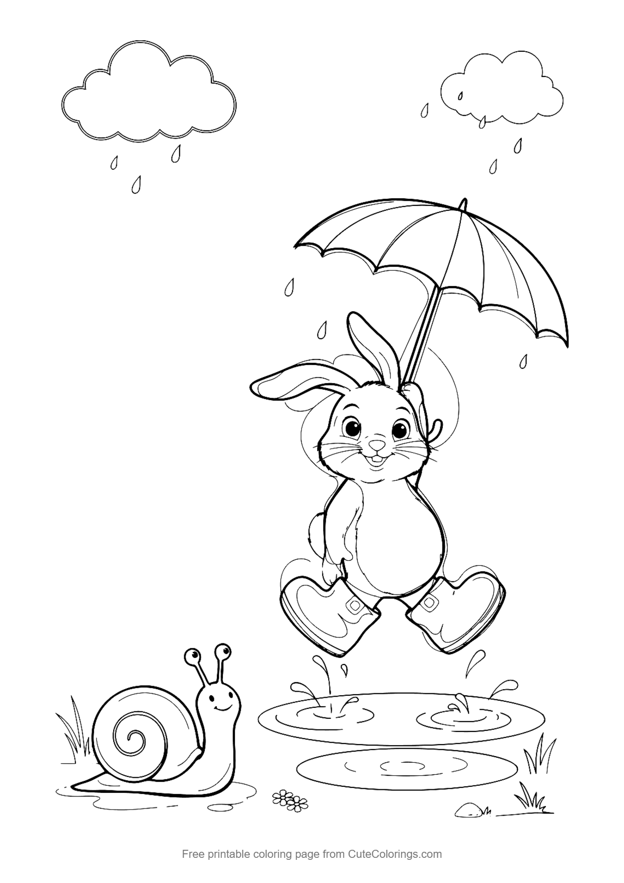 Coloring page for kids of a bunny in rain boots with an umbrella jumping in a puddle next to a snail