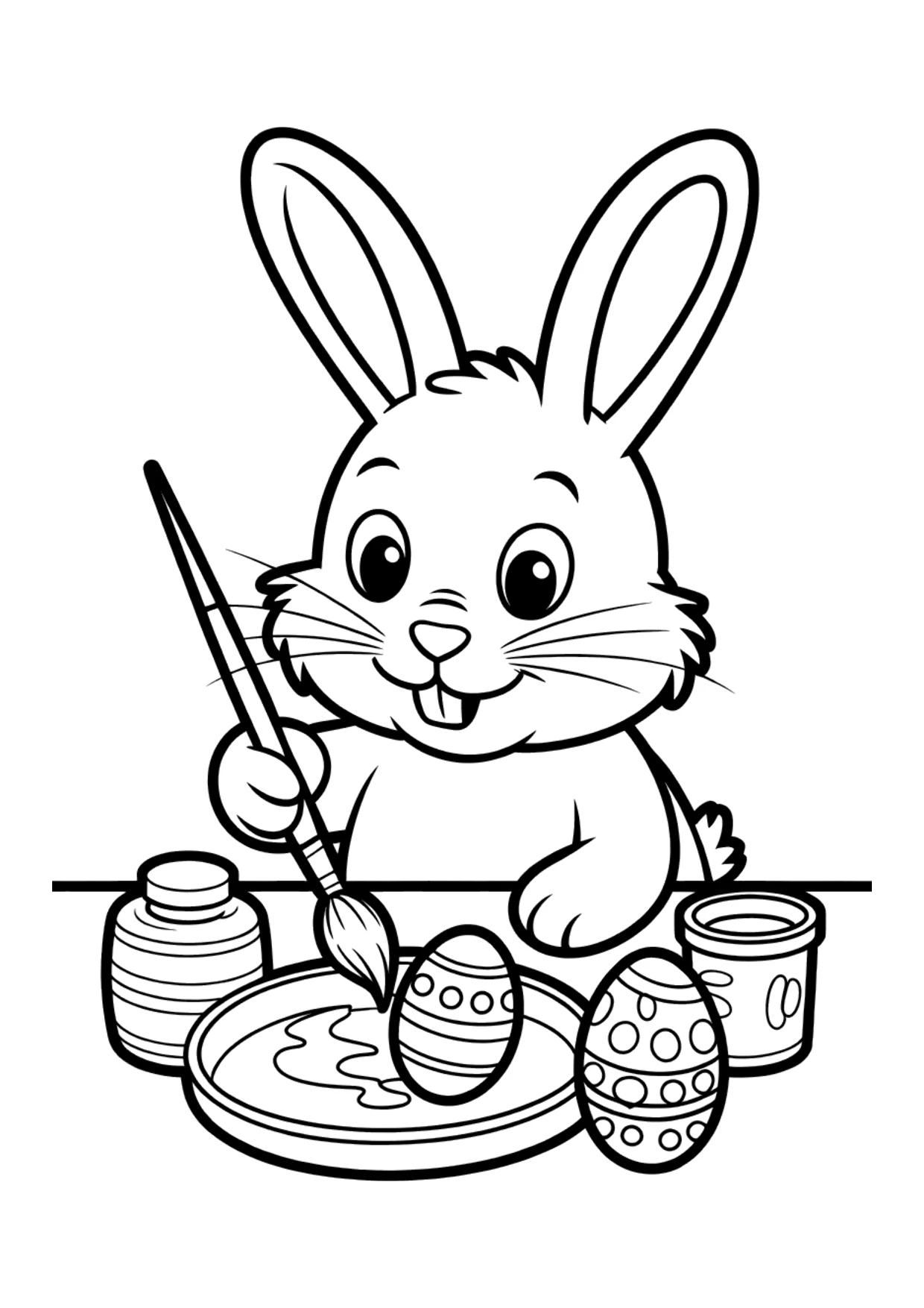 Coloring page of a bunny painting Easter eggs