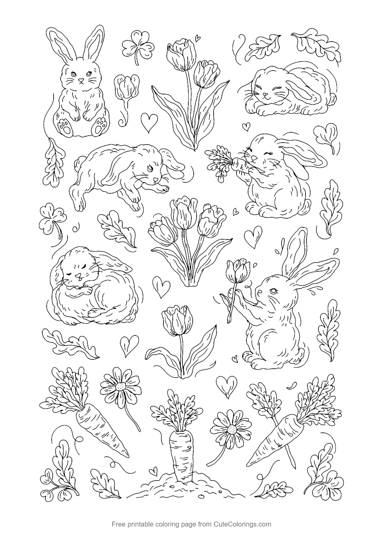 Detailed bunny pattern coloring page with many small bunnies, carrots, tulips and hearts