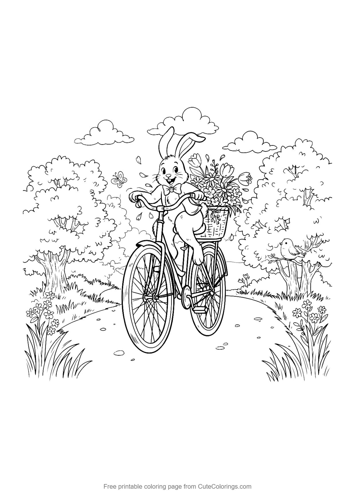 Coloring page for kids of a bunny riding a bicycle with a flower basket on a country path
