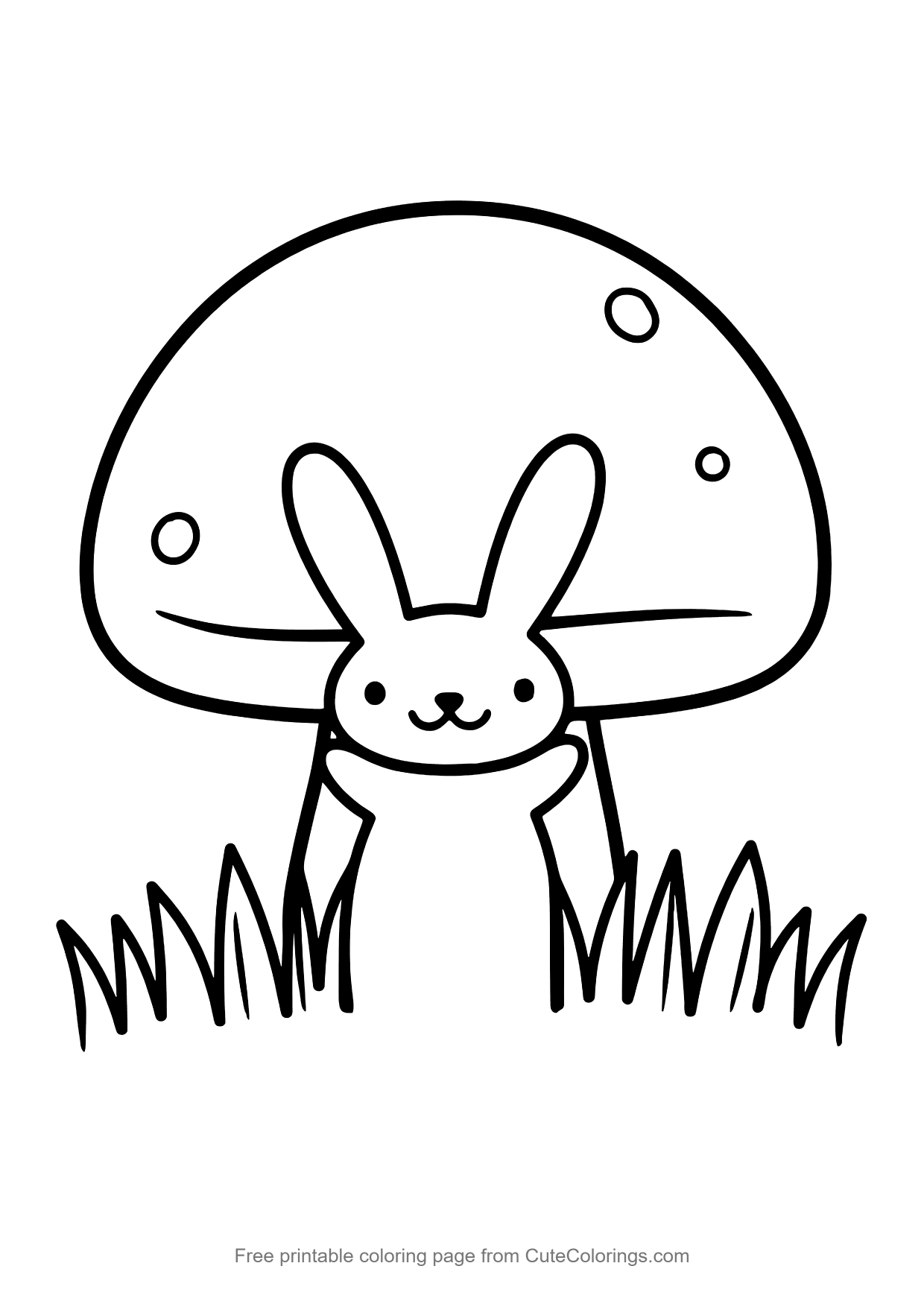 Easy coloring page of a bunny peeking out from under a mushroom