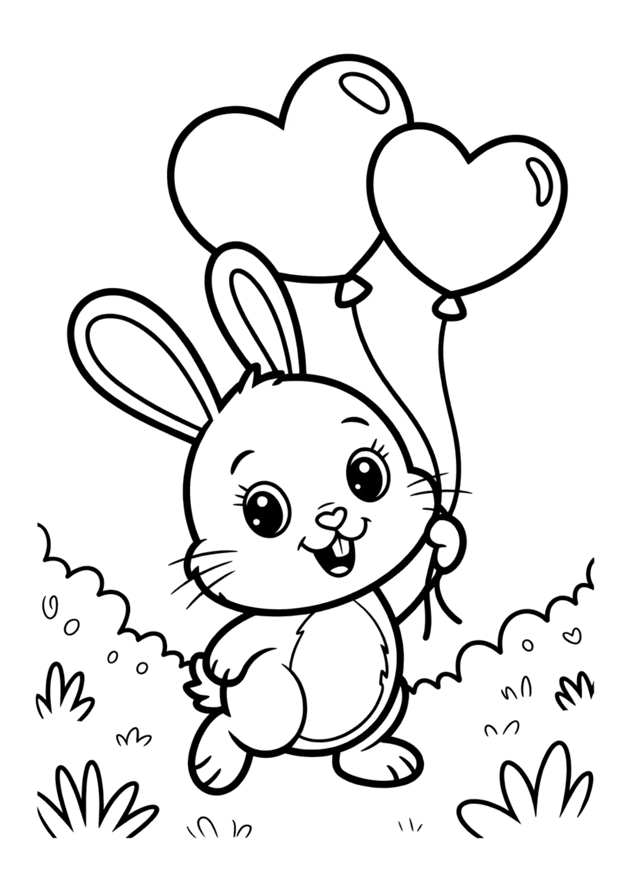 Coloriage d’un lapin qui tient des ballons en cœur