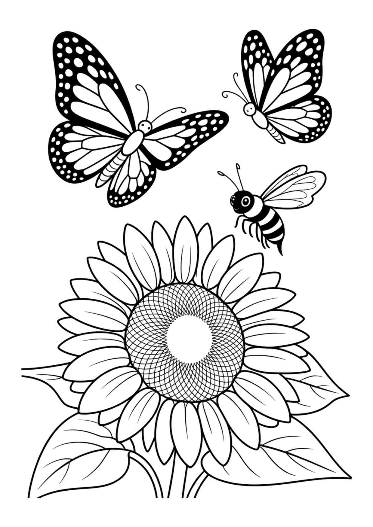Coloriage pour enfants de papillons et d'une abeille autour d'un tournesol