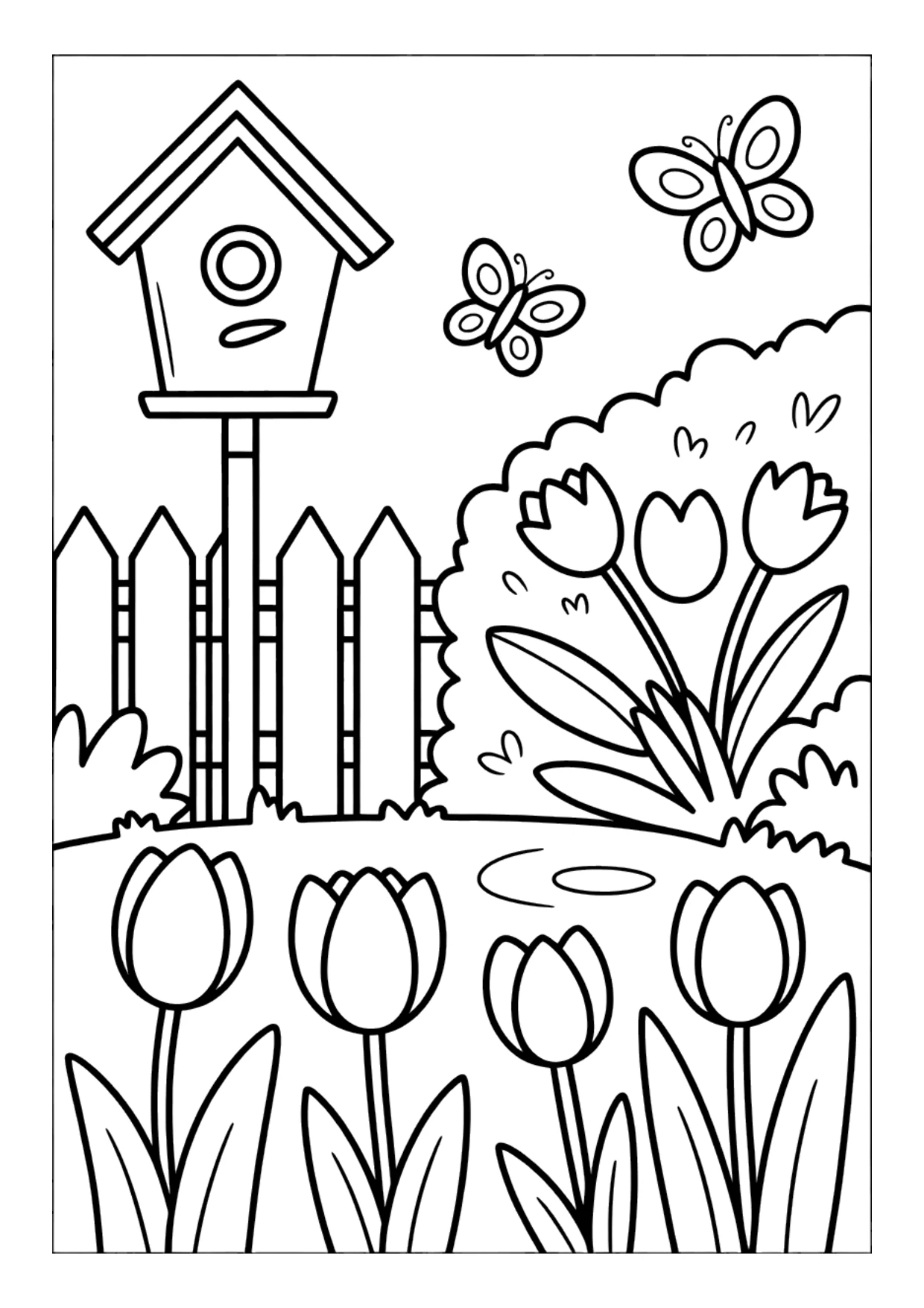 Coloriage pour enfants de papillons qui volent dans un jardin
