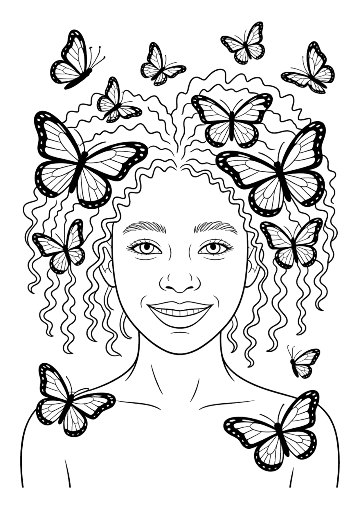 Detailed coloring page of a Black girl with butterflies in her hair