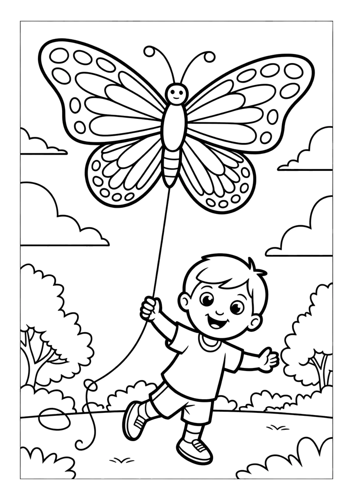 Coloriage pour enfants d'un enfant qui fait voler un cerf-volant papillon