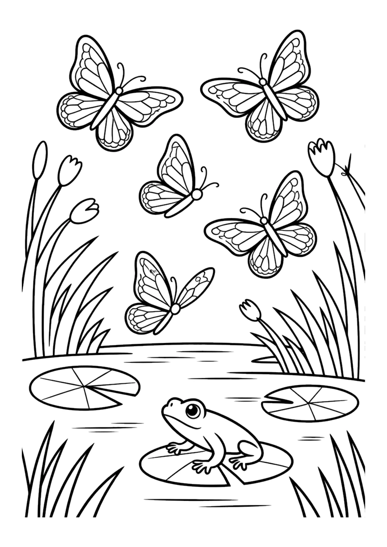 Coloriage pour enfants de papillons au-dessus d'un étang avec une grenouille