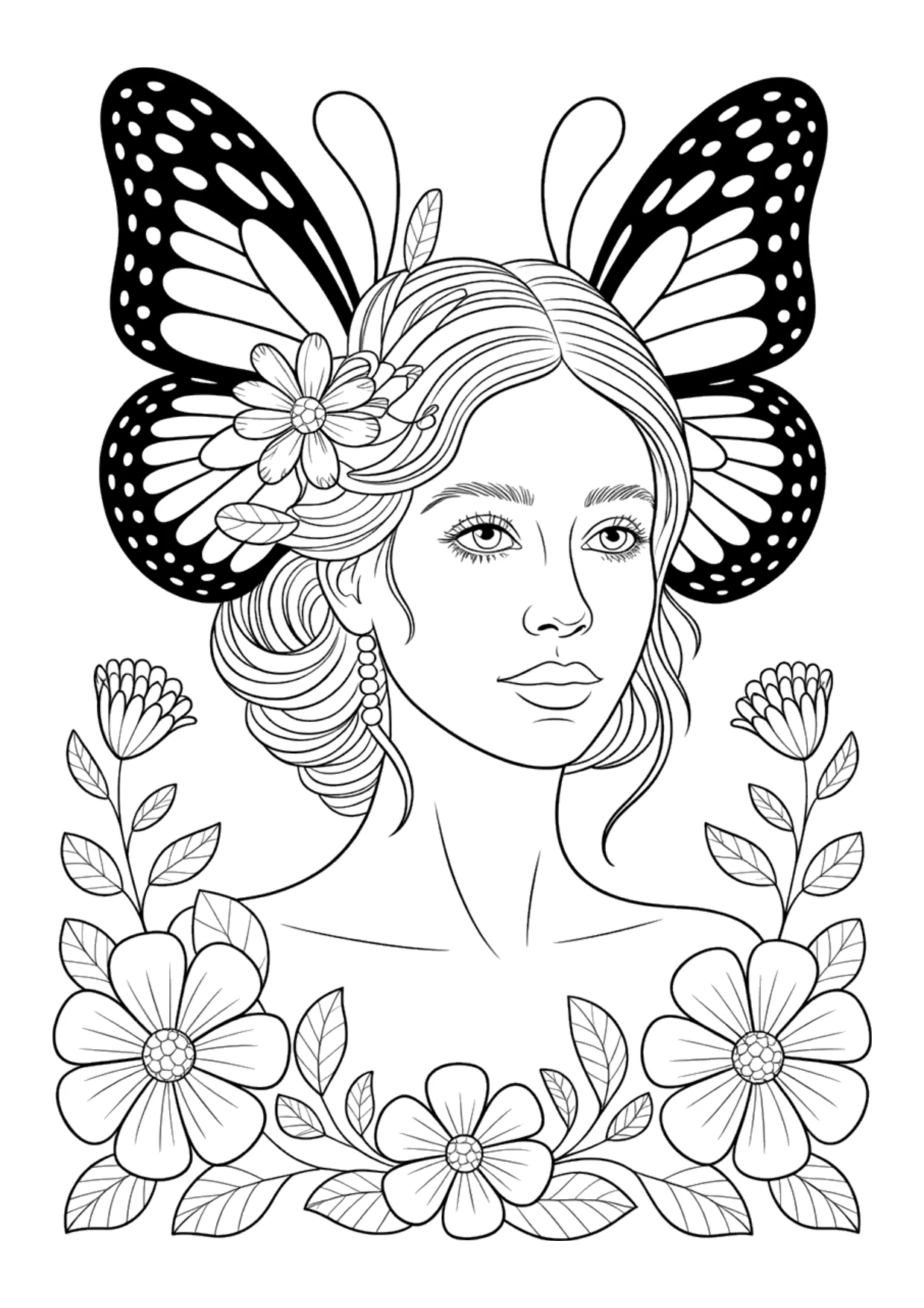 Coloriage détaillé d'une femme avec des ailes de papillon et des fleurs
