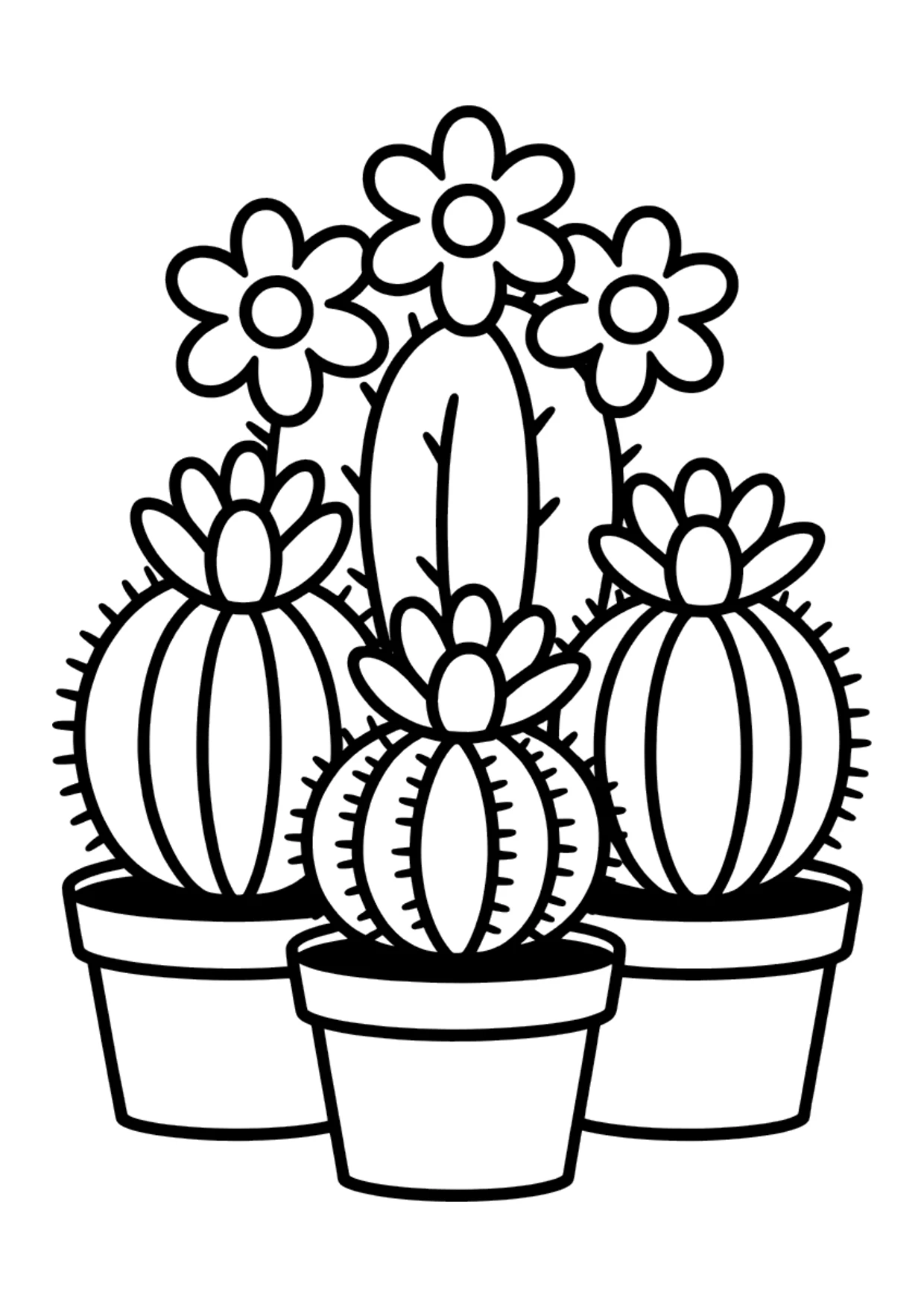 Coloriage pour enfants de cactus en pot avec des fleurs