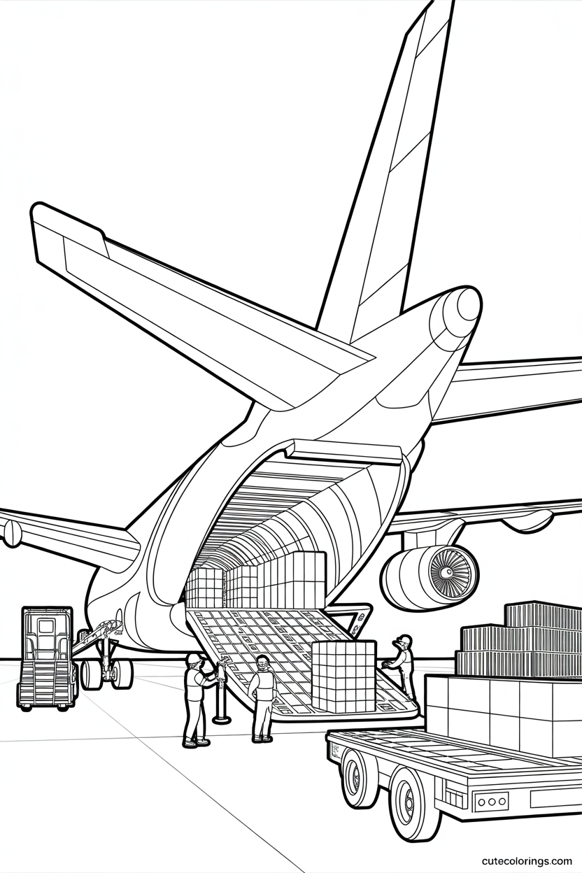 Large cargo plane with workers loading freight box