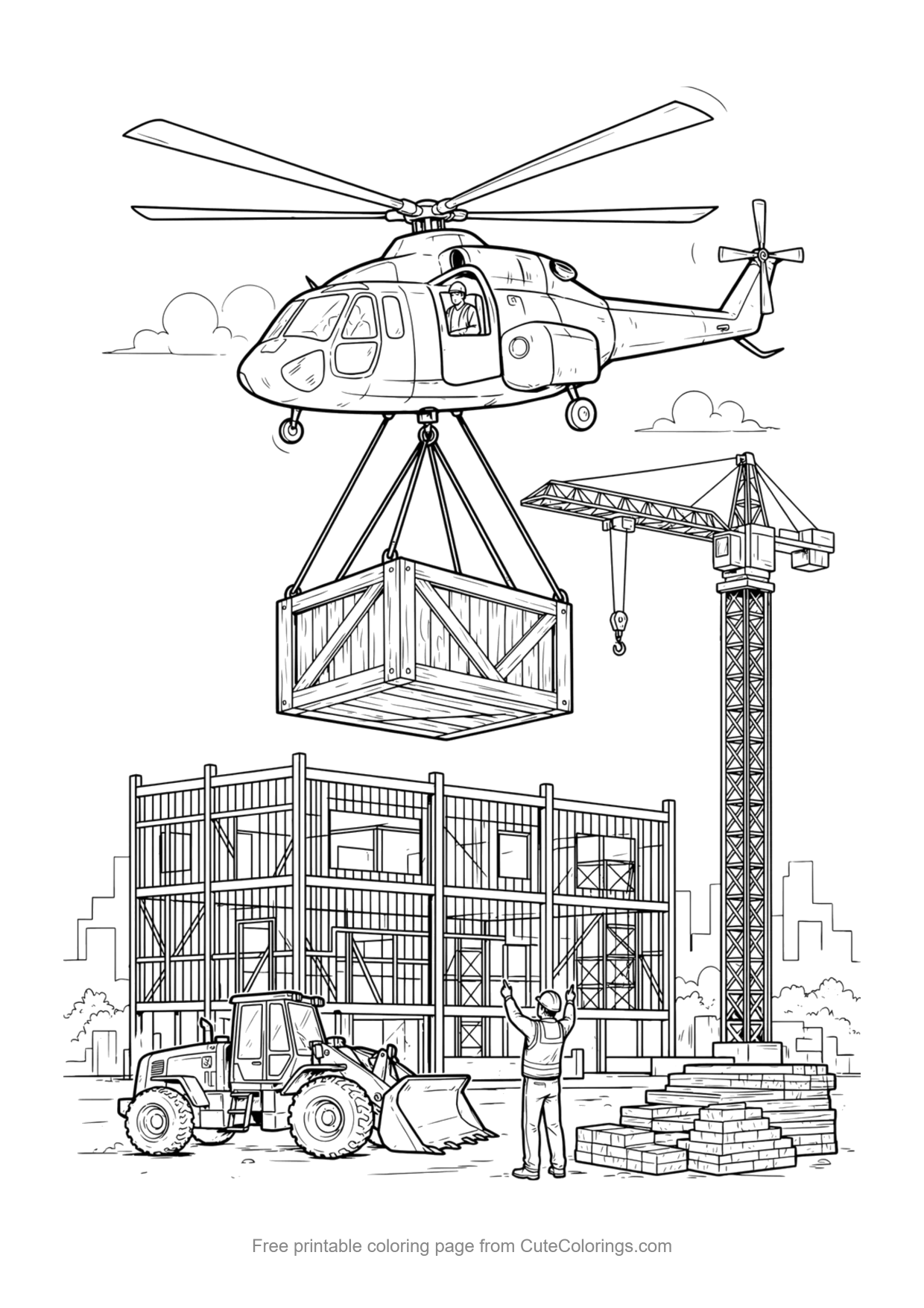 Coloring page for kids of a tandem rotor cargo helicopter lifting a crate at a construction site