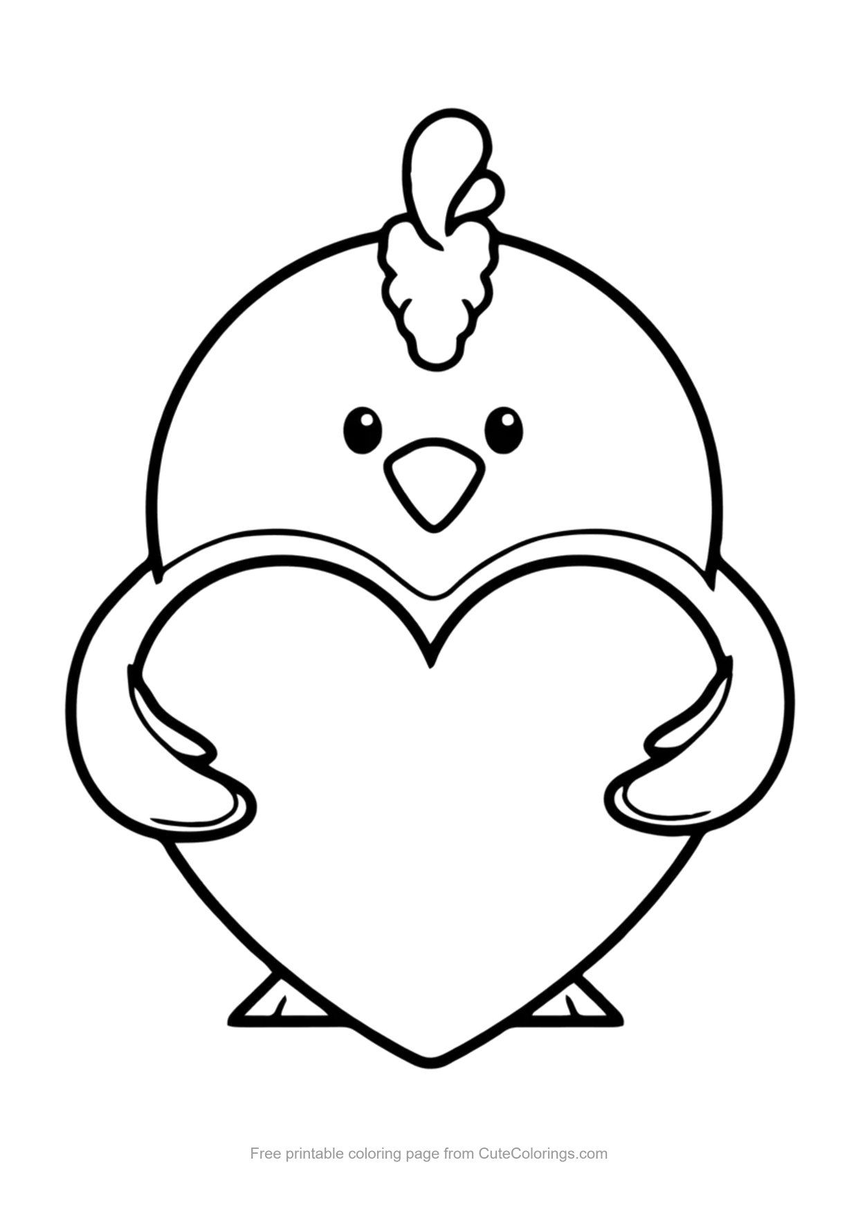 Simple chicken coloring page of a cartoon chicken hugging a big heart