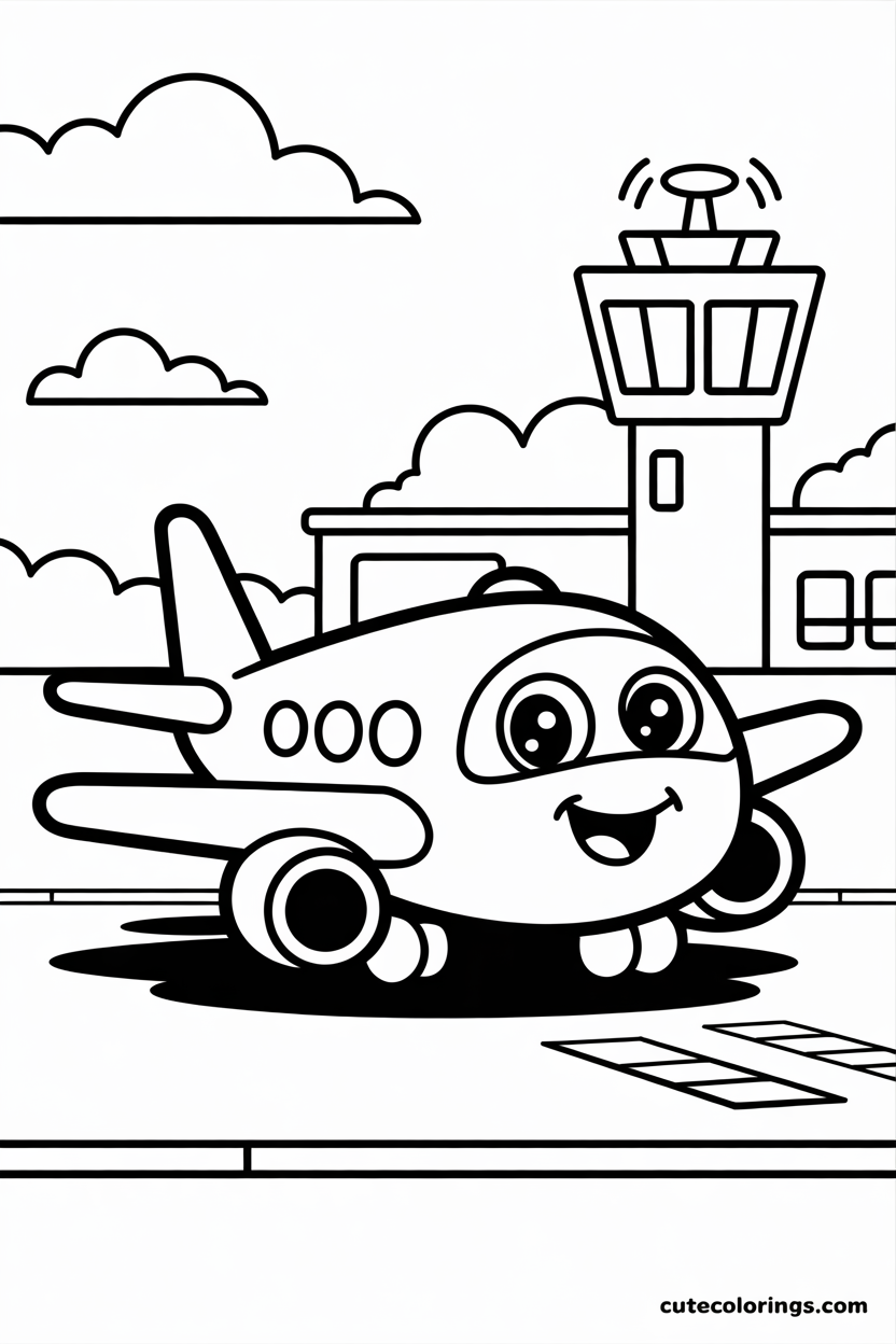 Happy airplane on runway with airport buildings
