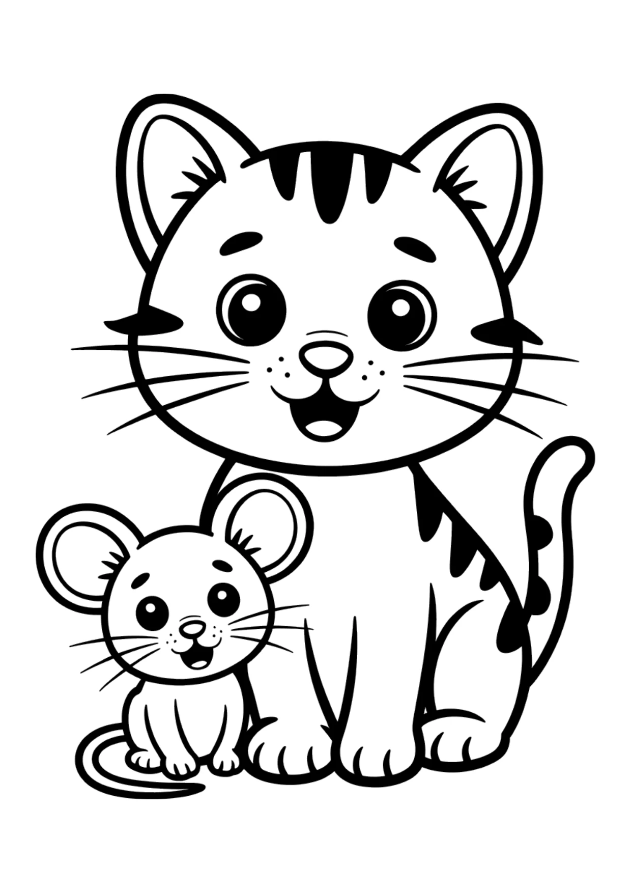 Coloriage facile d'un chat et d'une souris qui sont amis