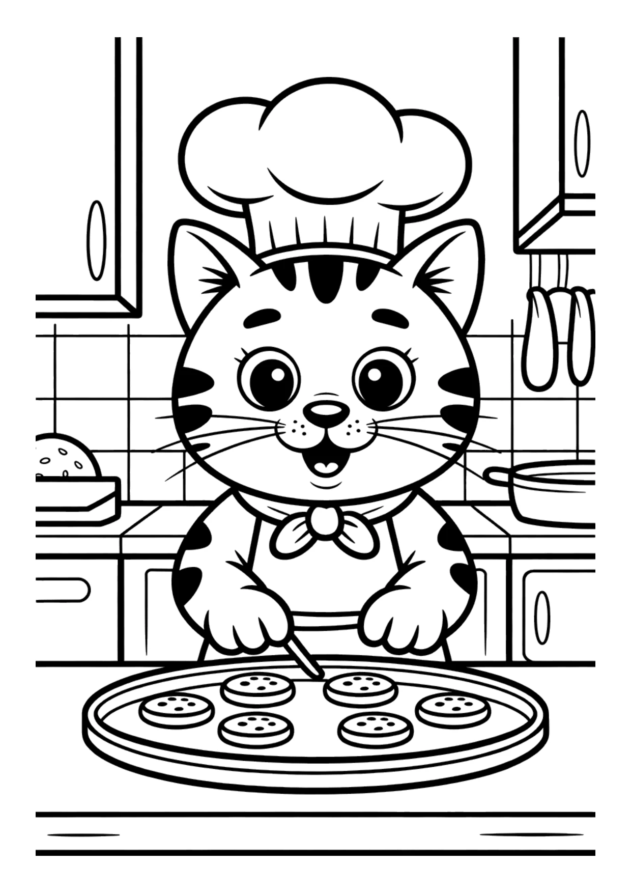 Coloriage pour enfants d'un chat qui prépare des biscuits