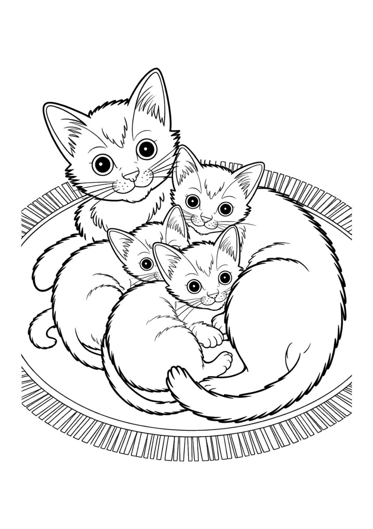 Coloriage pour enfants d'une maman chat avec trois chatons