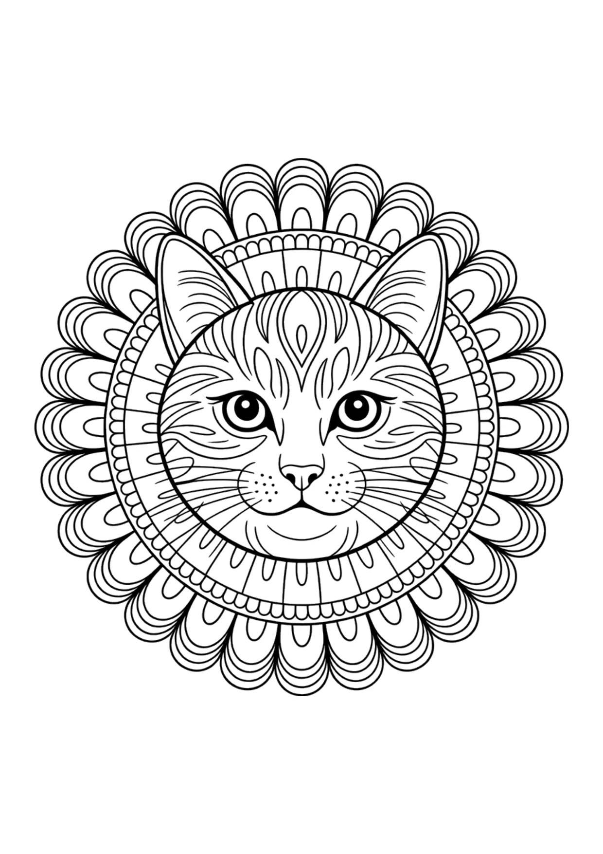 Coloriage détaillé d'un mandala de chat pour adultes