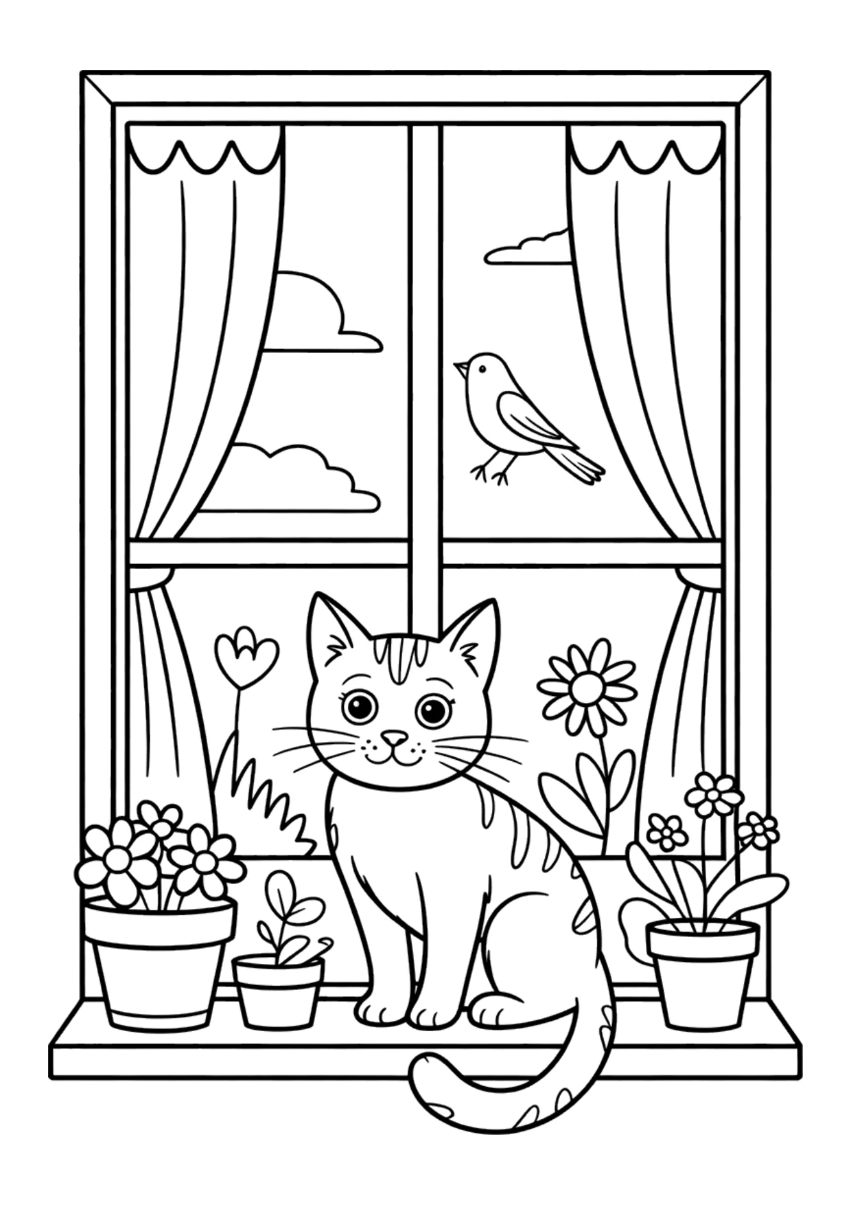 Coloriage pour enfants d'un chat sur le rebord d'une fenêtre qui regarde un oiseau