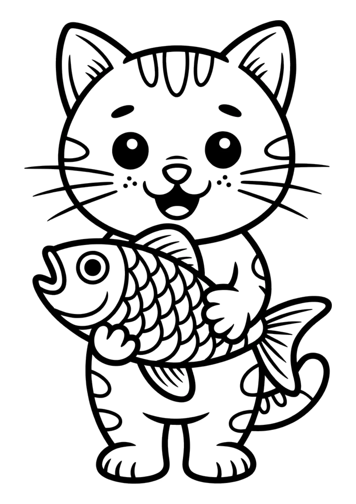 Coloriage facile d'un joli chat qui tient un poisson