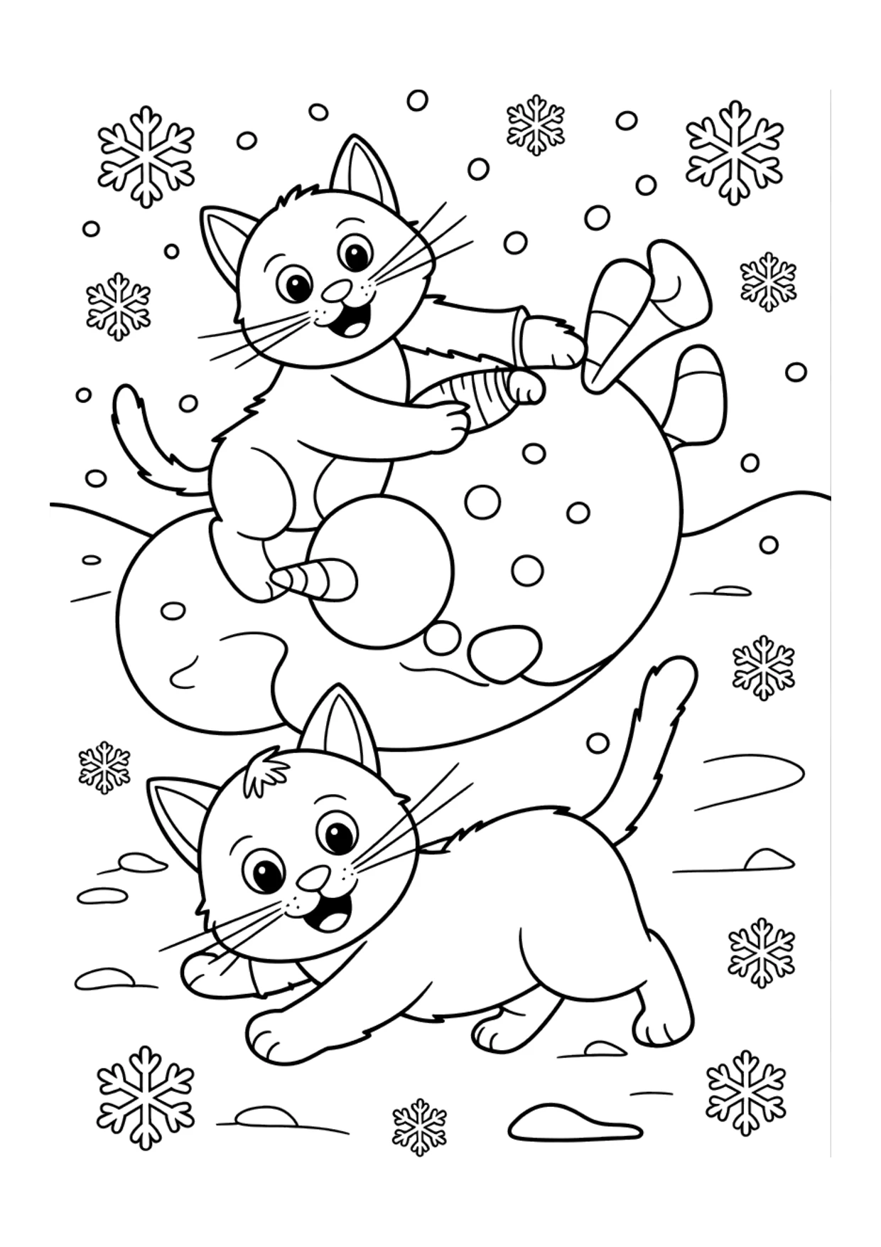Coloriage pour enfants de chats qui jouent dans la neige