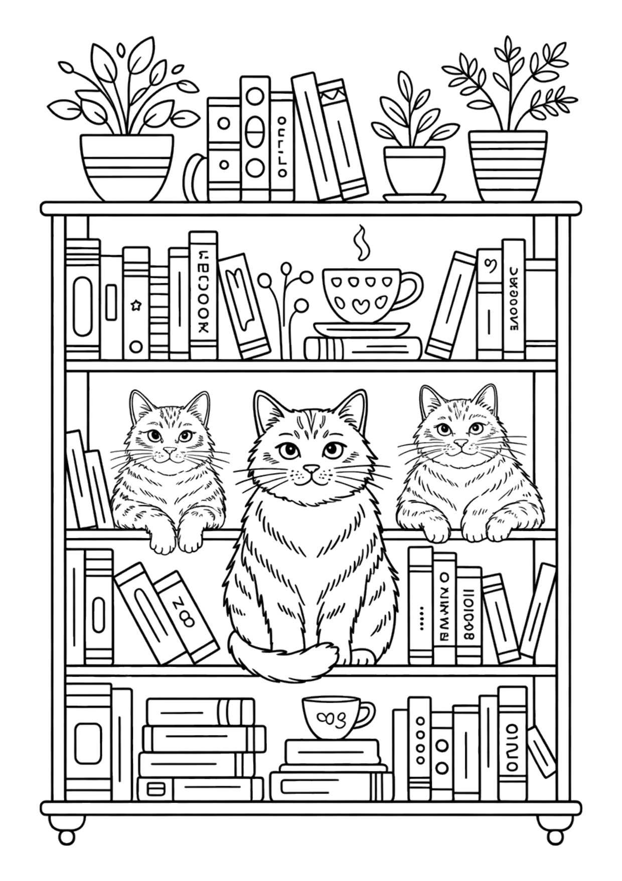 Coloriage détaillé de chats sur une bibliothèque douillette