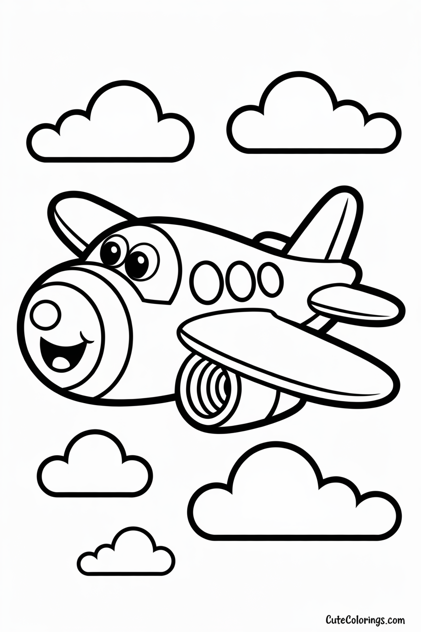 Happy flying airplane surrounded by fluffy clouds