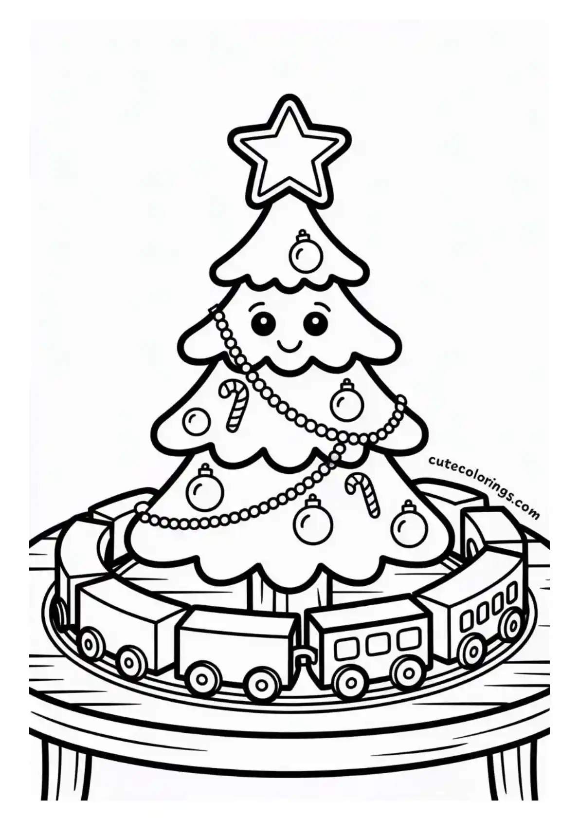 Cheerful Tree on Table with Toy Train