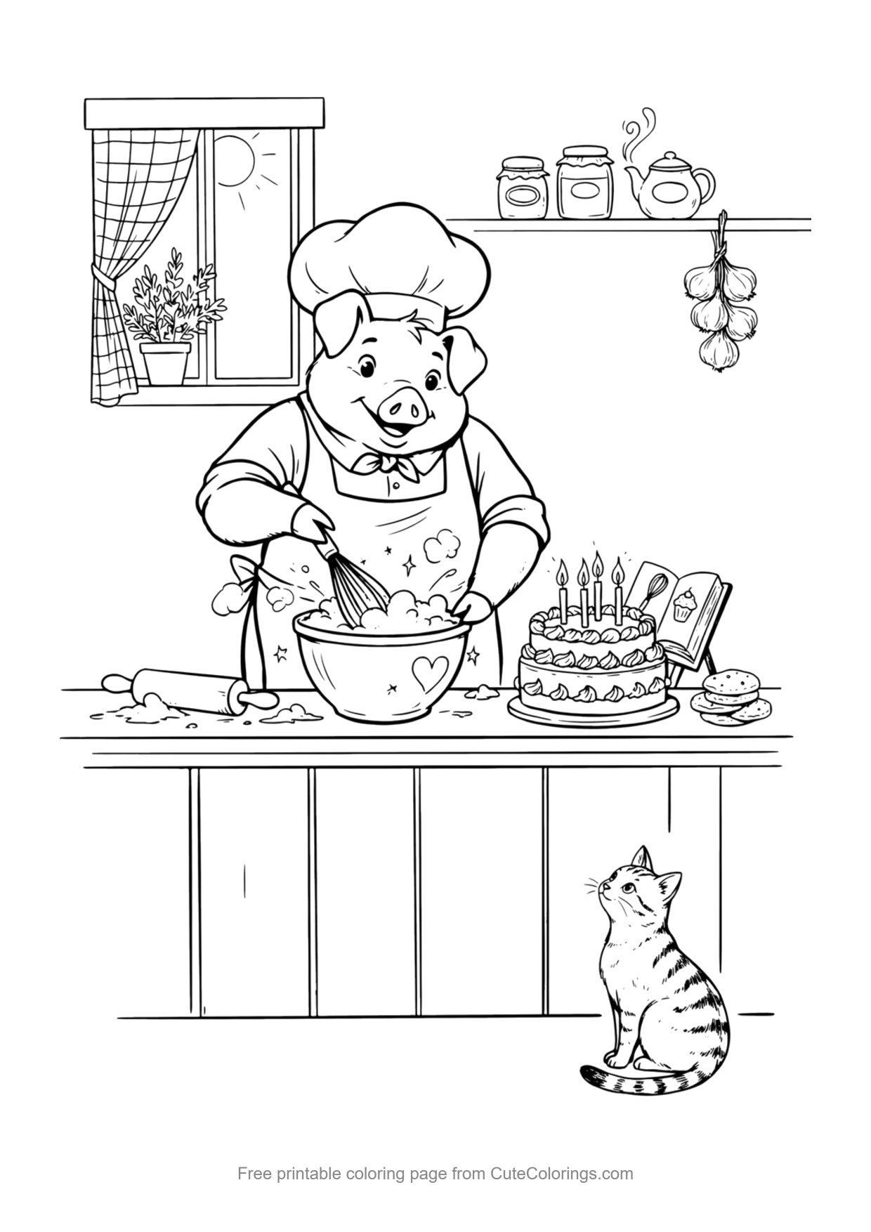 Coloring page for kids of a pig chef wearing a hat holding a cake