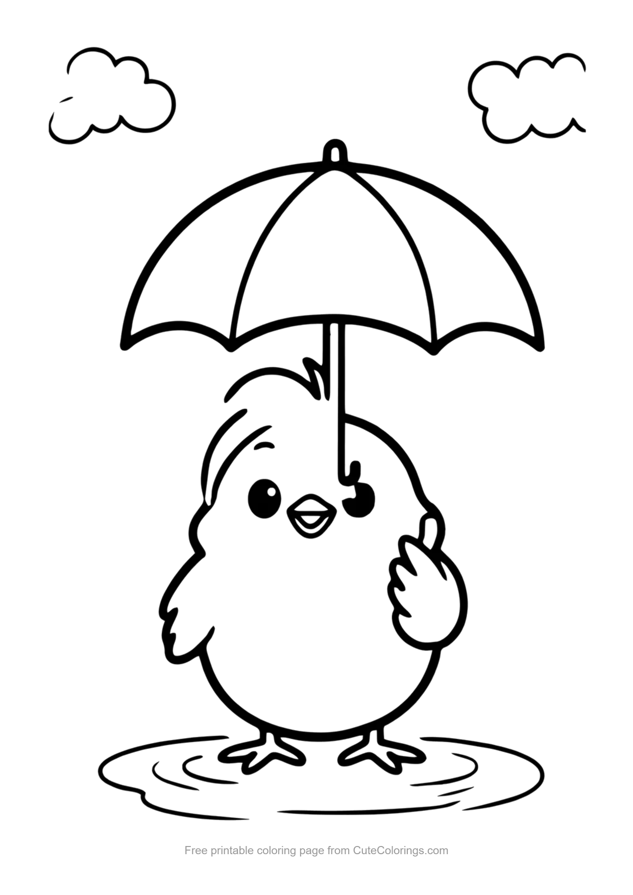Easy coloring page of a baby chick holding an umbrella in the rain beside a puddle
