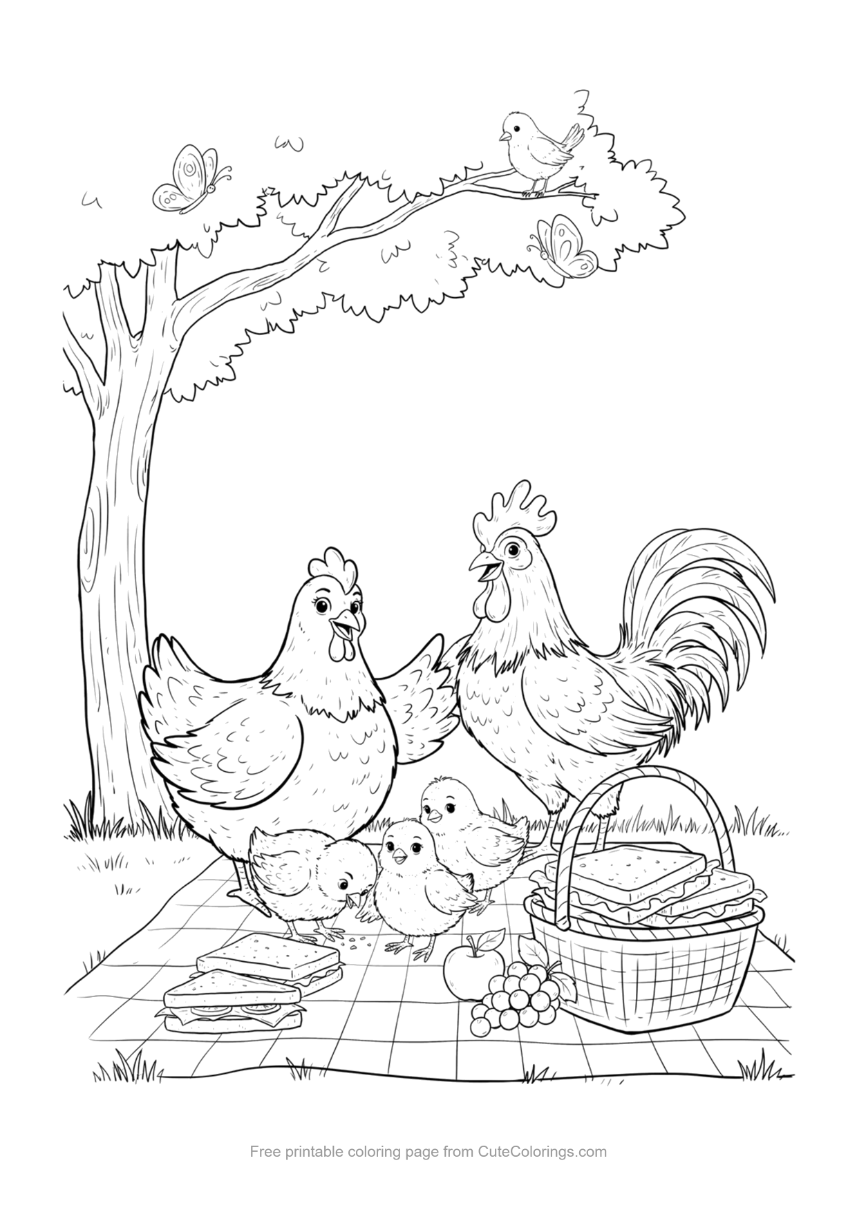 Coloring page of a chicken family having a picnic on a checkered blanket under a tree
