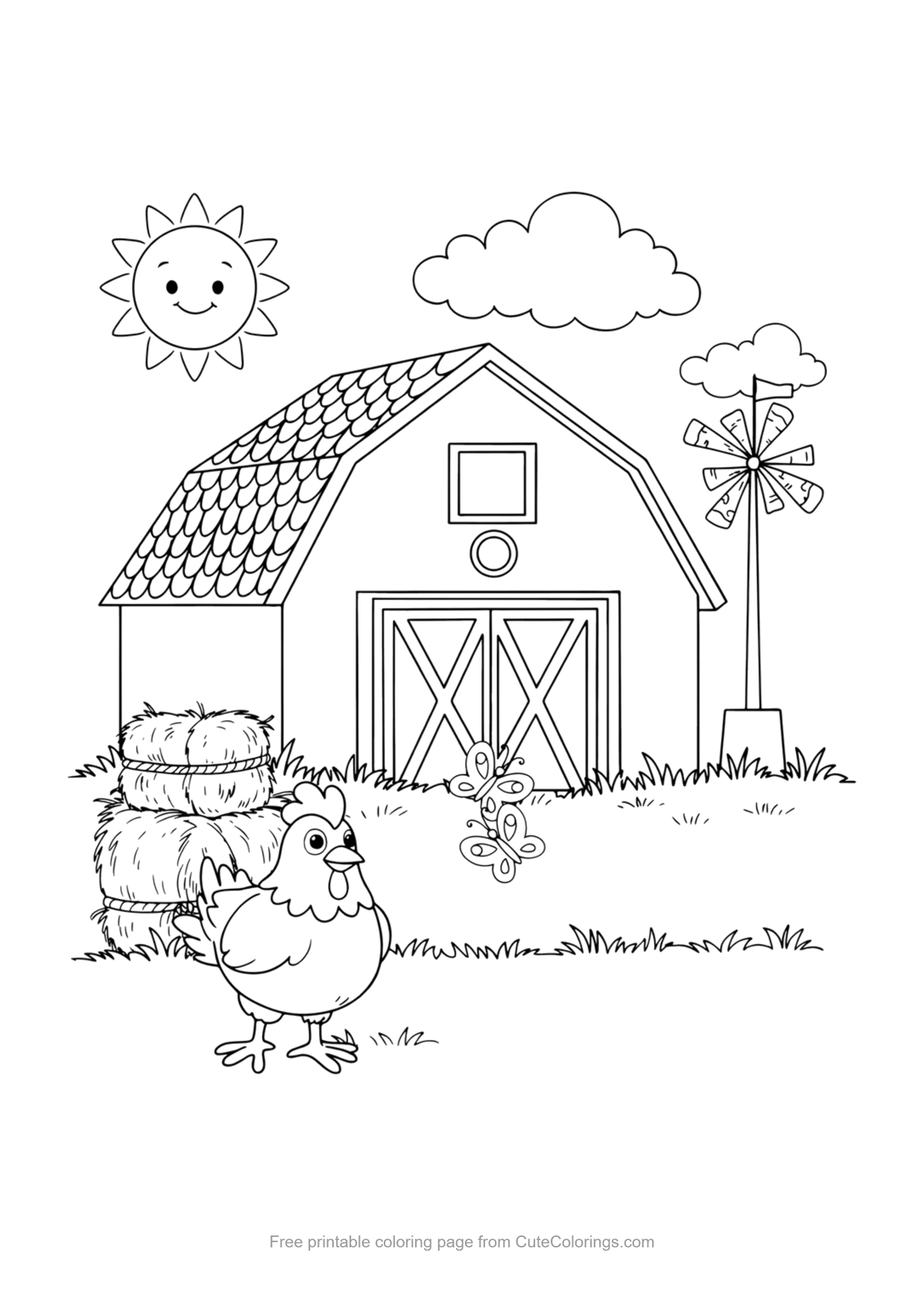 Farm coloring page of a happy chicken in front of a barn with hay and a windmill