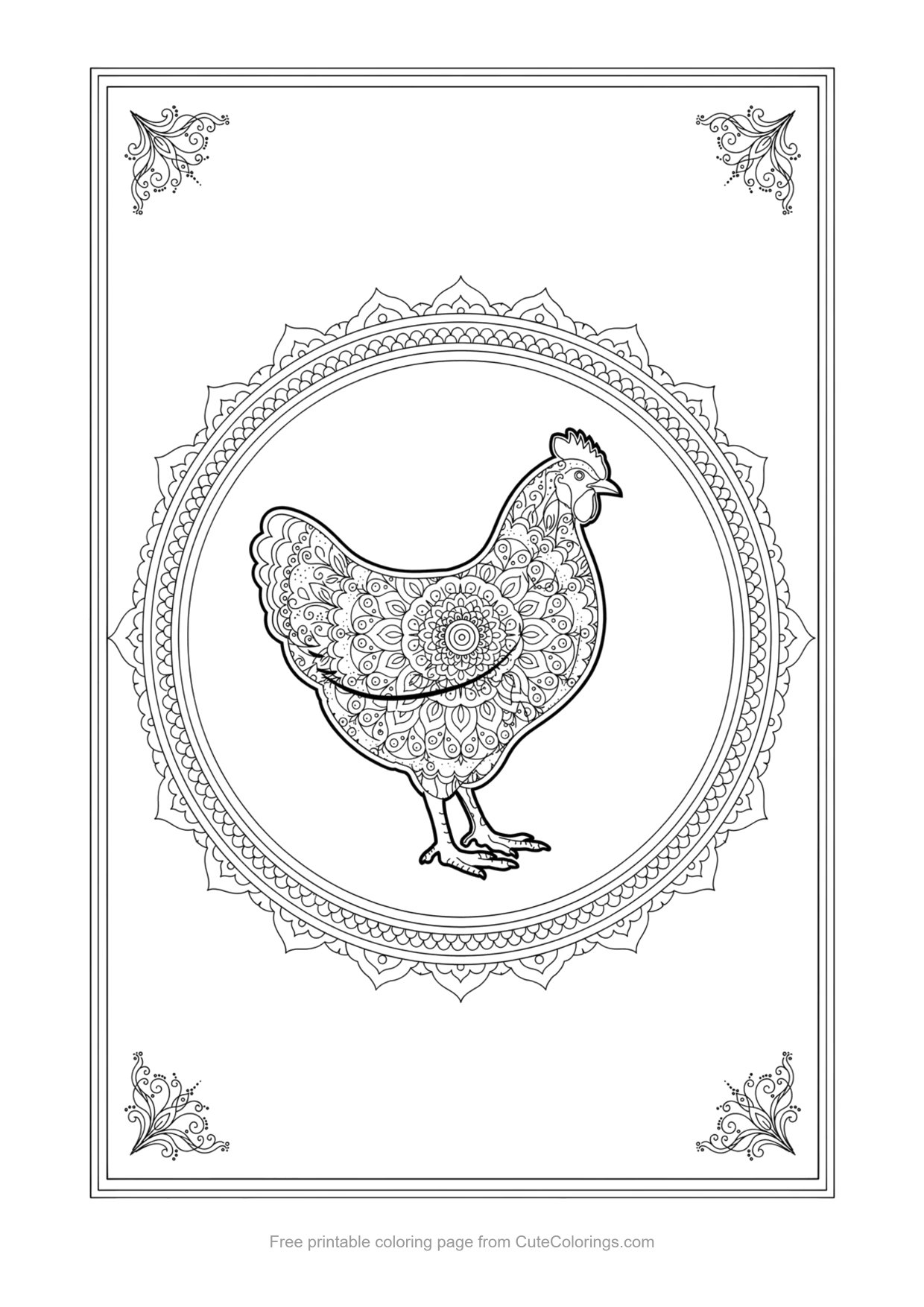 Chicken mandala coloring page with intricate symmetrical patterns for adults