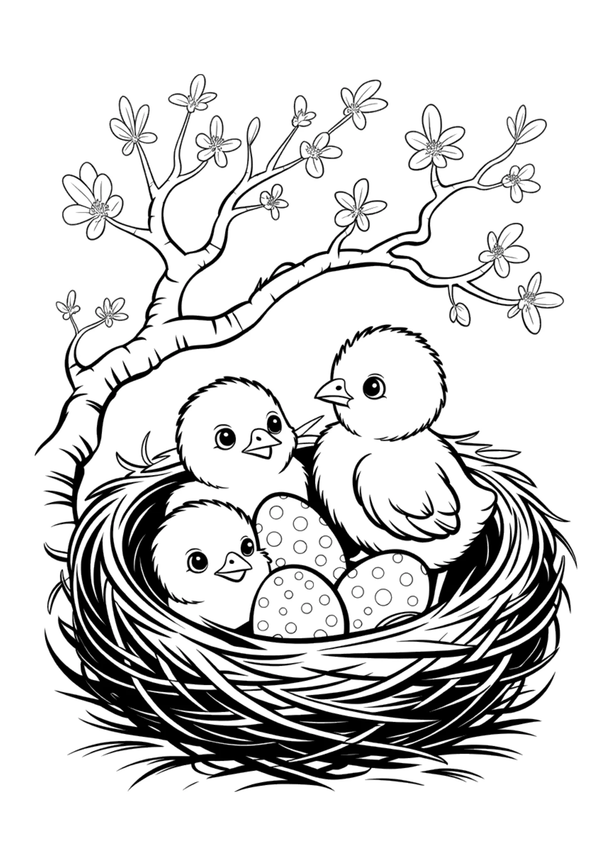 Coloring page of baby chicks in a nest with Easter eggs