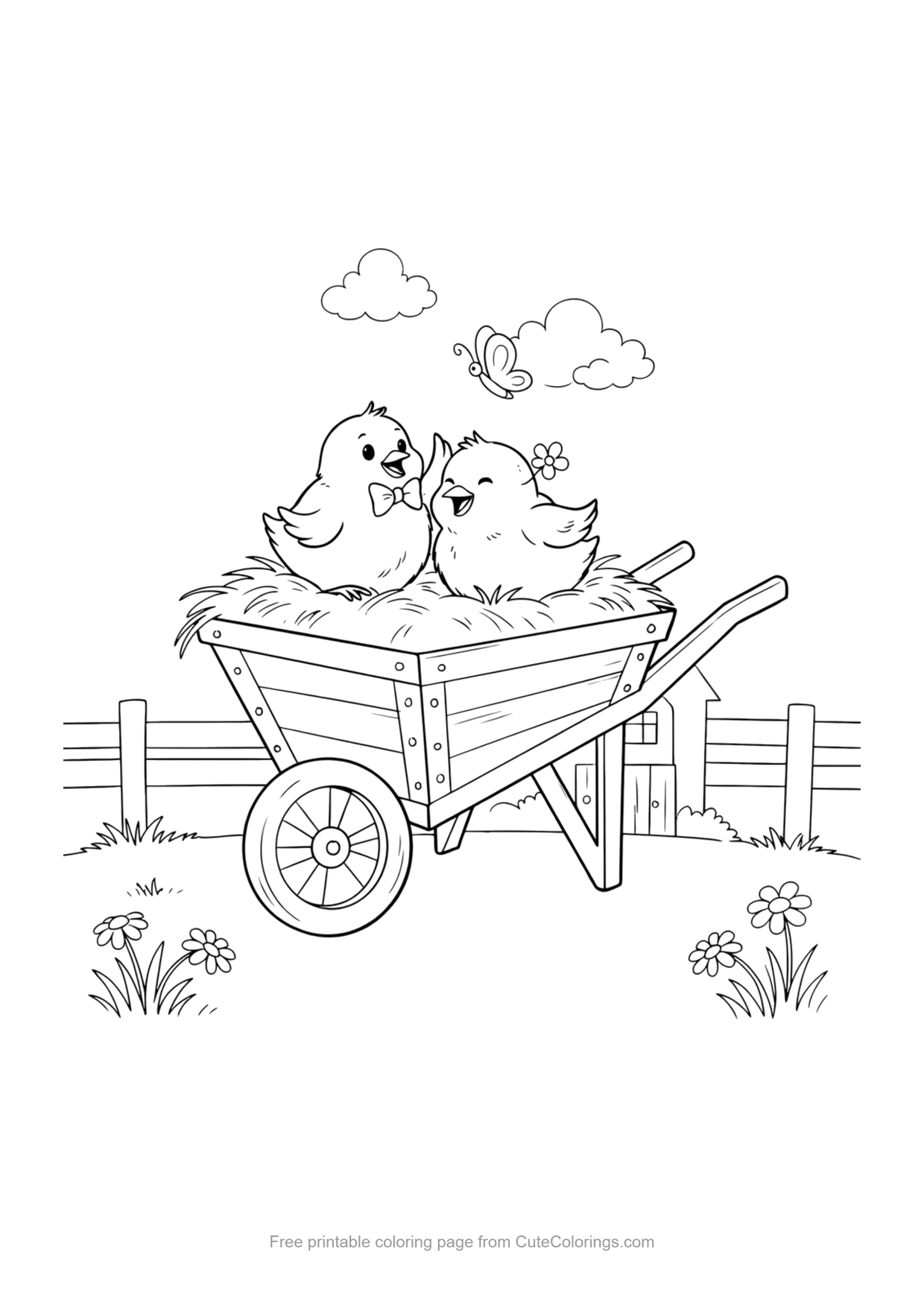 Coloring page of two laughing chicks riding in a wooden wheelbarrow full of straw