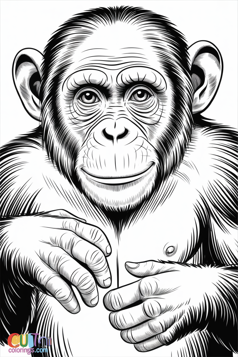 A detailed chimp leans forward with a gentle smile