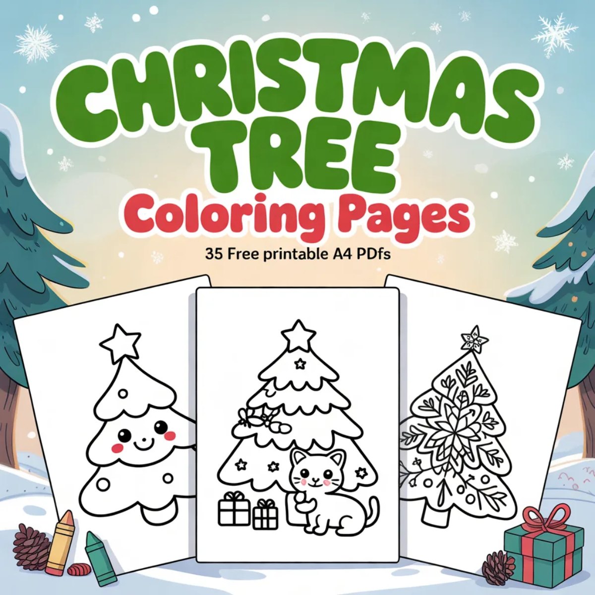 Christmas tree coloring pages: 35 free printable A4 PDFs with a smiling kawaii tree, a kitten under a decorated tree and a snowflake mandala tree