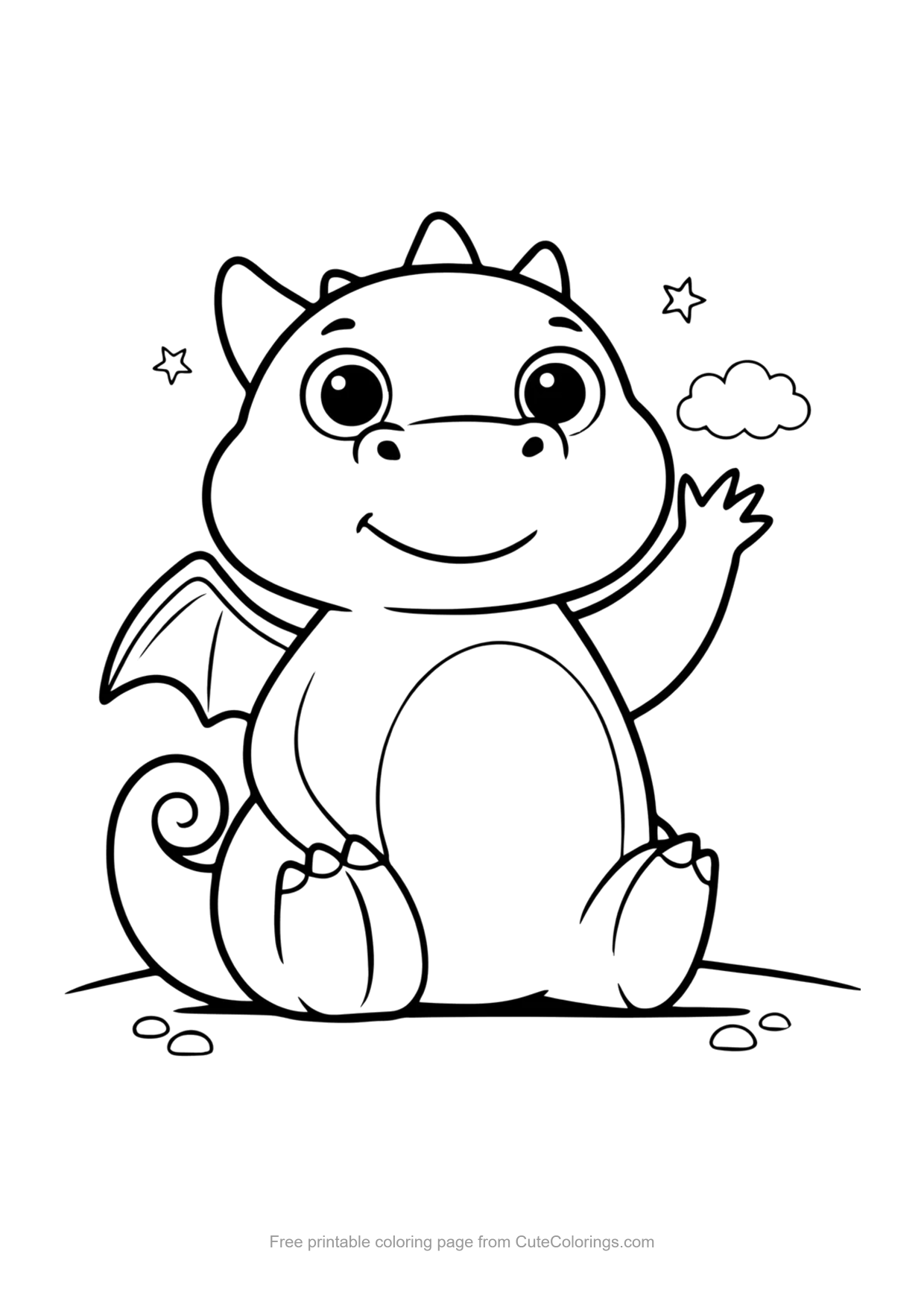 Simple coloring page of a chubby baby dragon waving hello