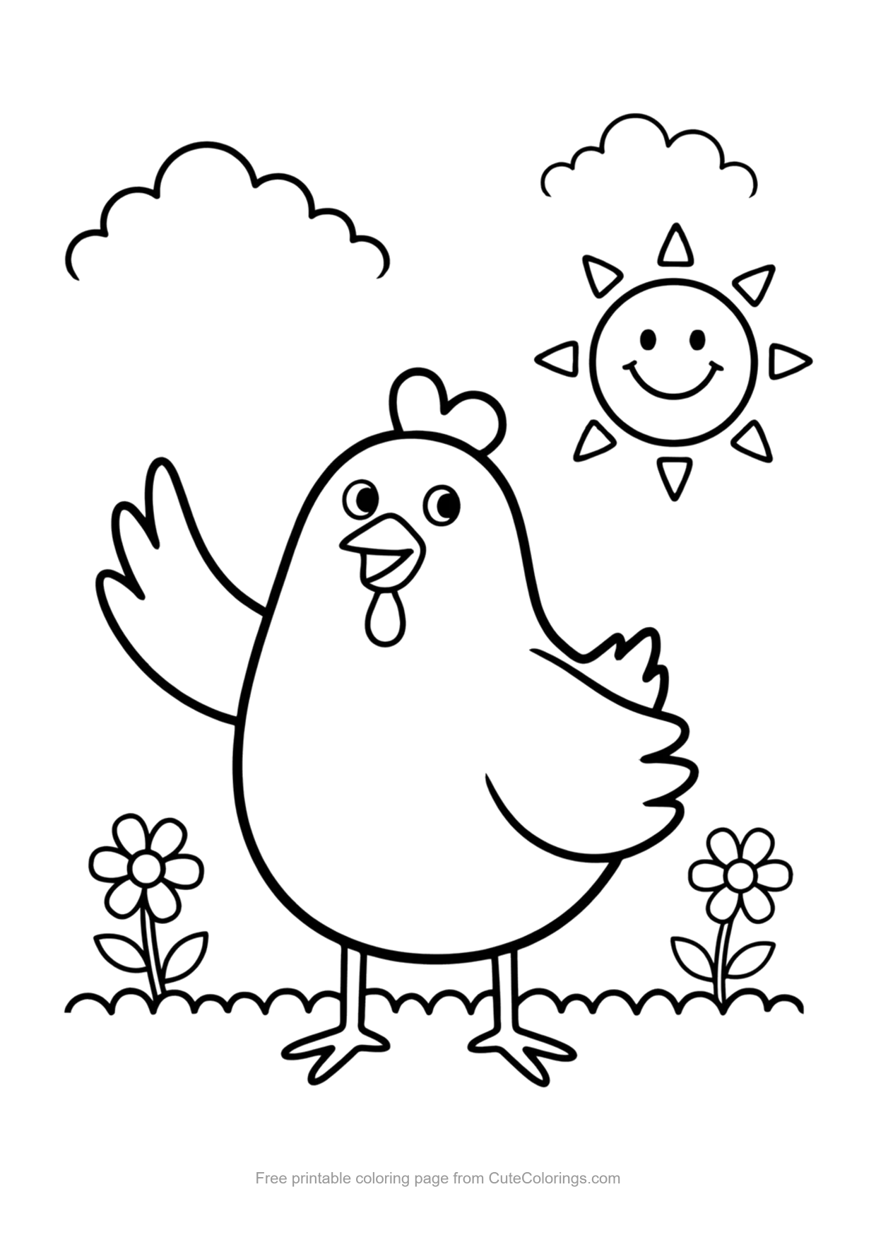 Simple coloring page of a chubby cartoon chicken waving hello on the grass