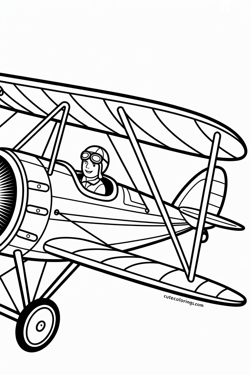 Vintage biplane colouring page with pilot smiling