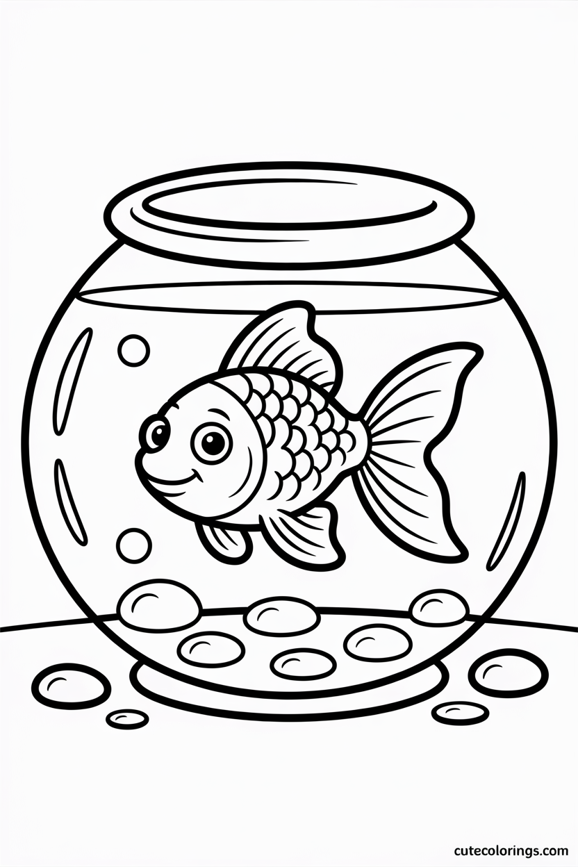 Happy goldfish swimming in glass bowl with rocks