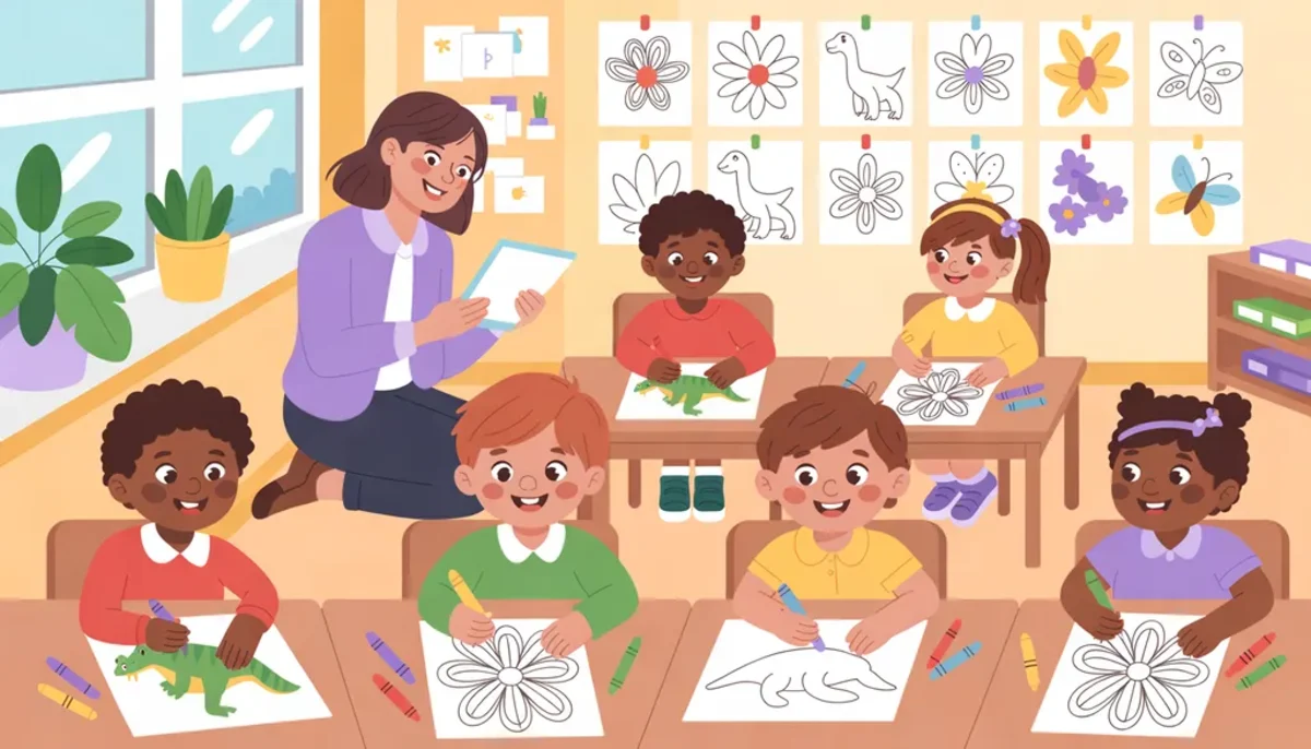 Illustration of a teacher and young students coloring printable coloring pages at their desks in a bright classroom