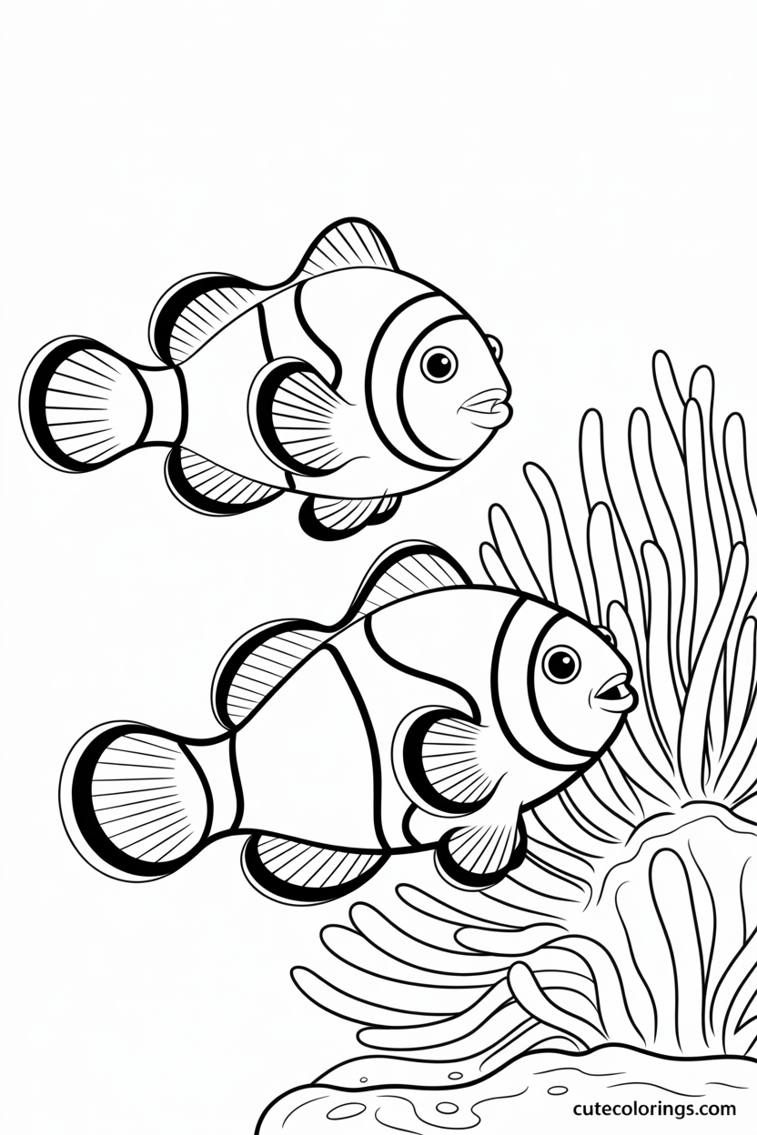 Two striped clownfish swimming near sea anemone