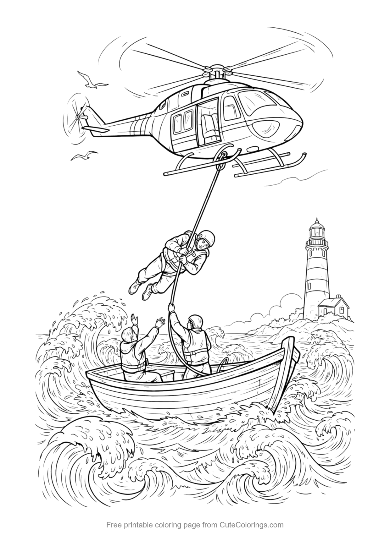 Coloring page for kids of a coast guard helicopter rescuing people from a boat in waves