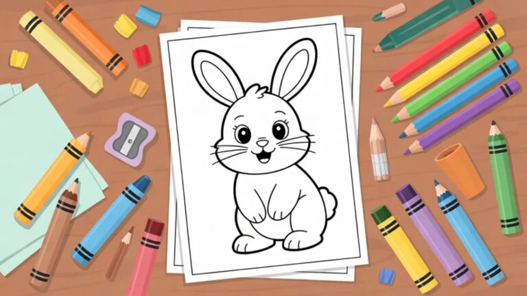 Illustration of crayons, colored pencils, markers and gel pens around a printed coloring page on a table