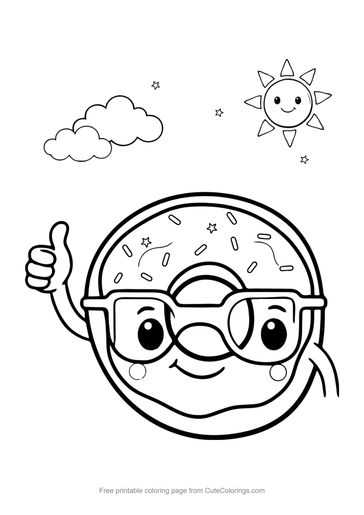 Easy coloring page of a funny donut wearing sunglasses and giving a thumbs up