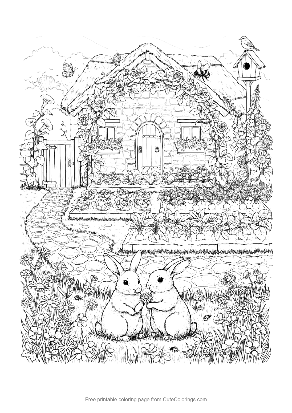 Detailed cottagecore coloring page of two rabbits in front of a stone cottage with a rose arch and garden beds