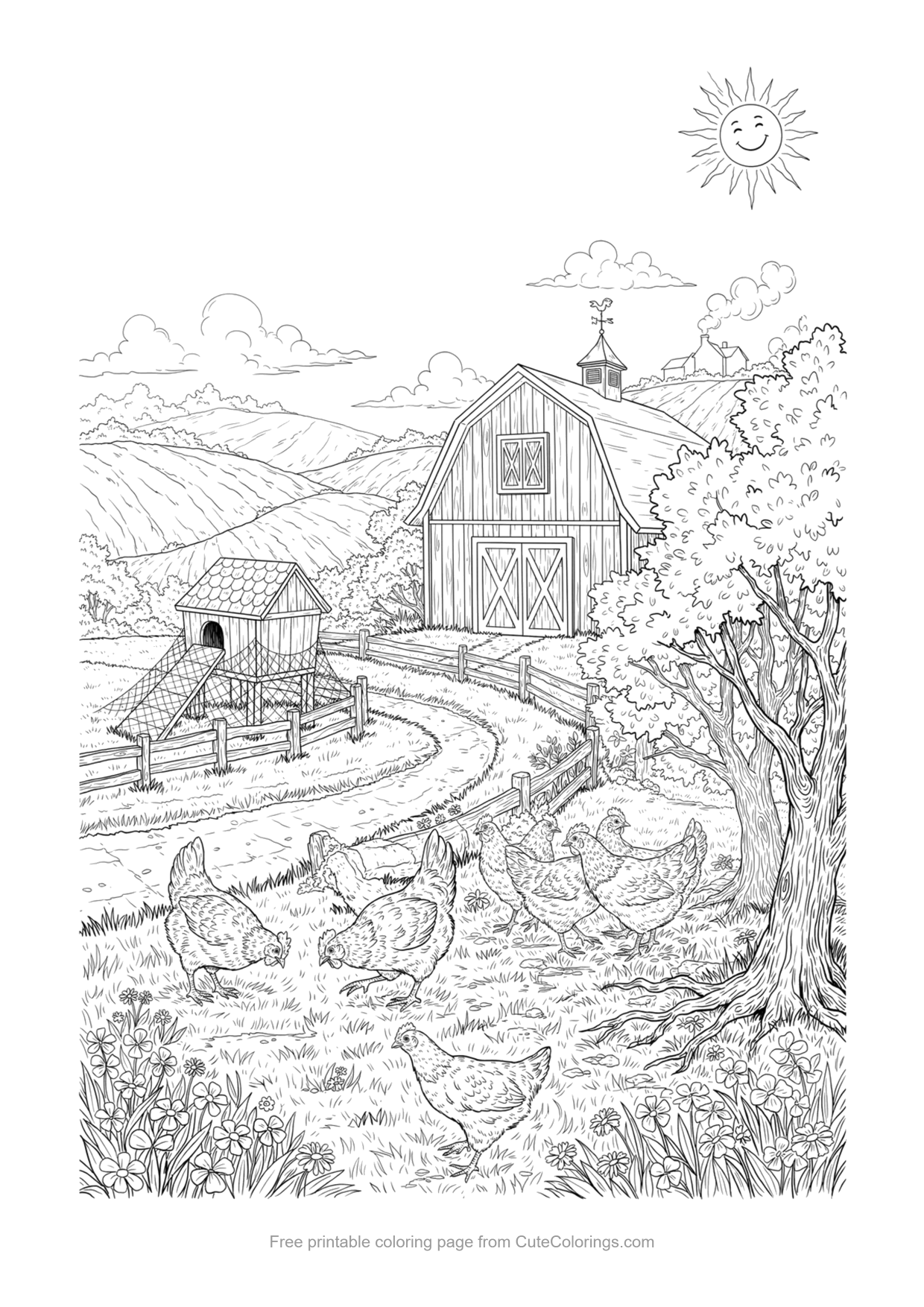 Detailed farm landscape coloring page with a chicken coop, barn and free range chickens